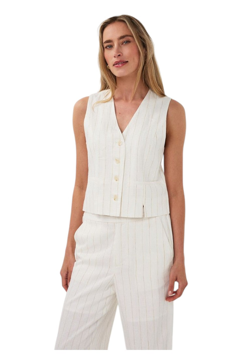 EsQualo GILET SHORT LINEN STRIPED Off White / Sand