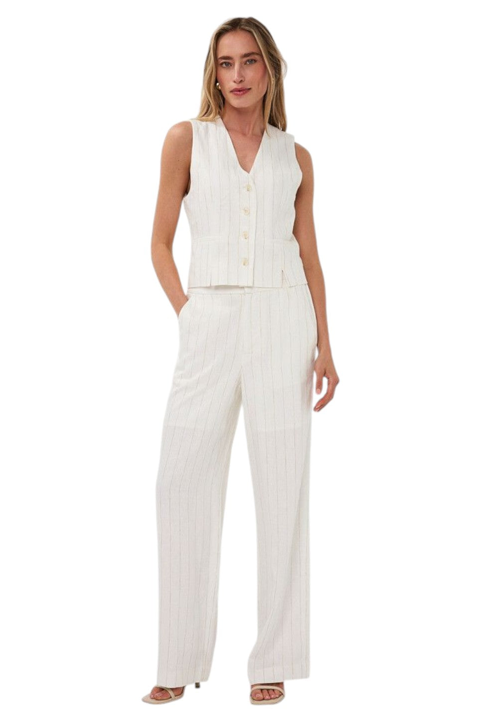 EsQualo TROUSERS LINEN STRIPED Off White / Sand