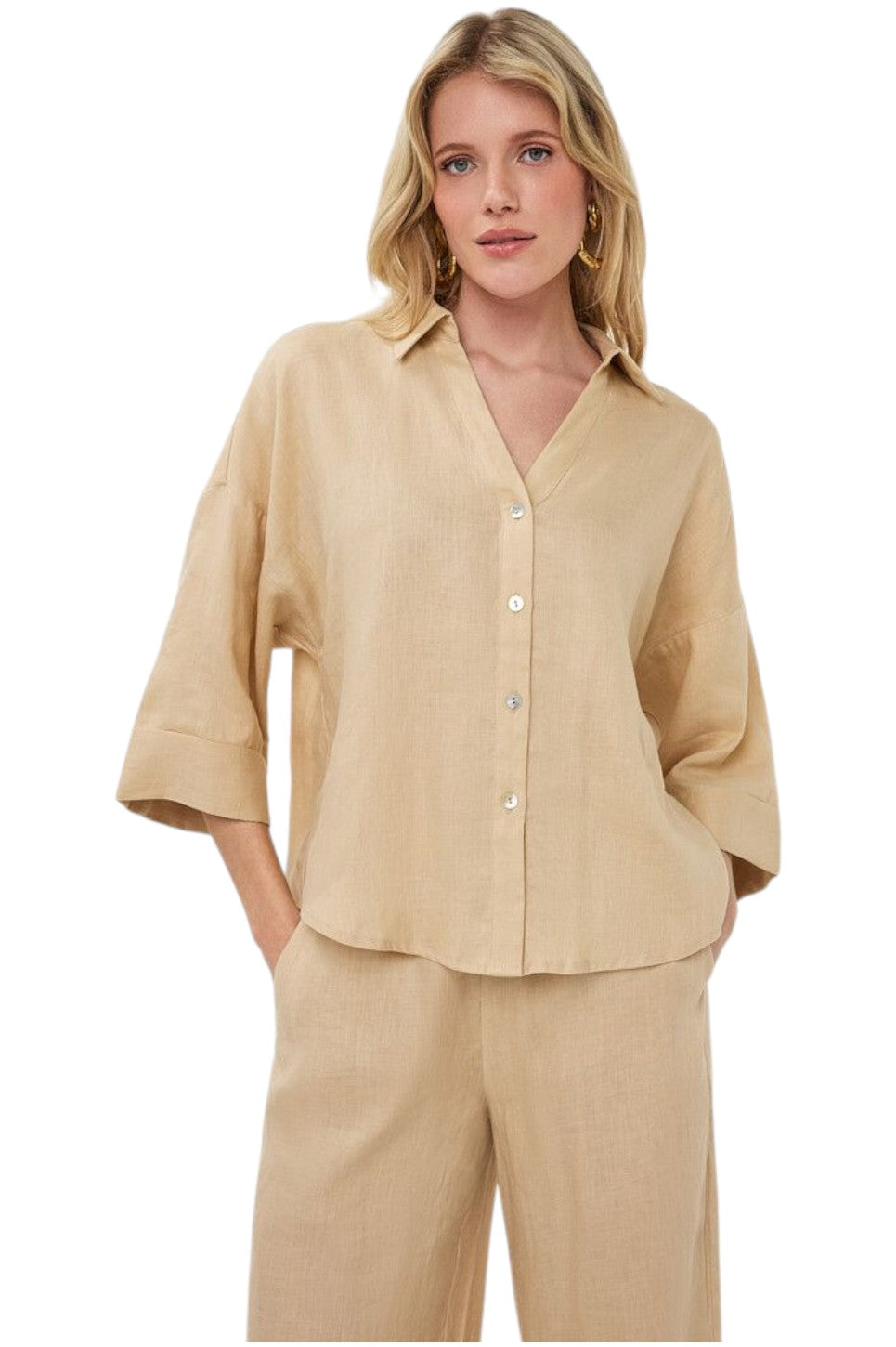 EsQualo BLOUSE TURN UP LINEN Sand