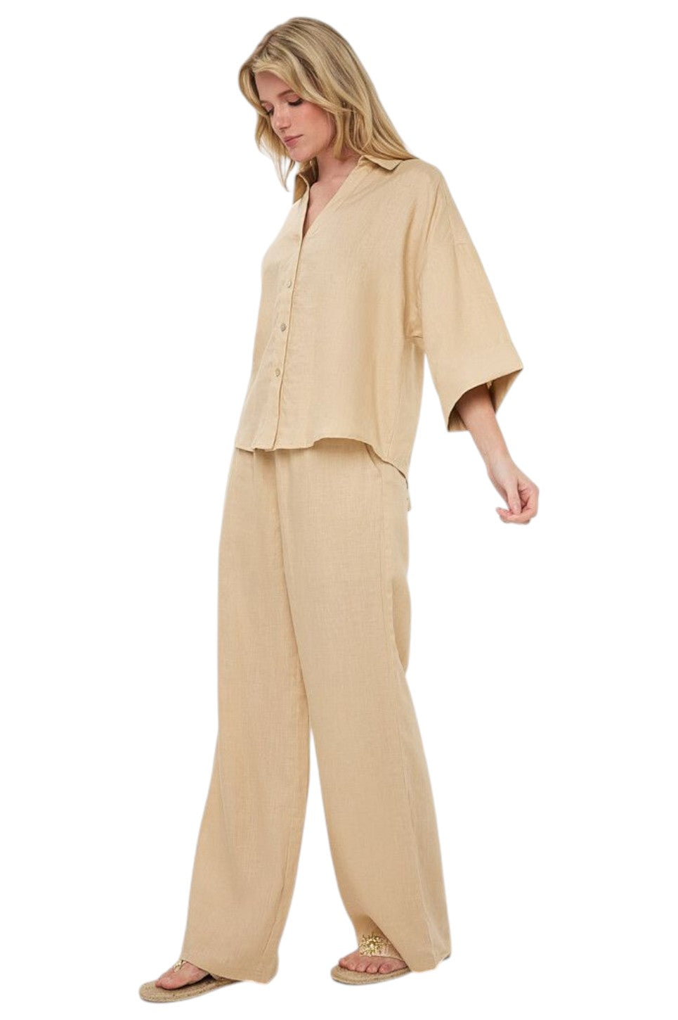 EsQualo BLOUSE TURN UP LINEN Sand