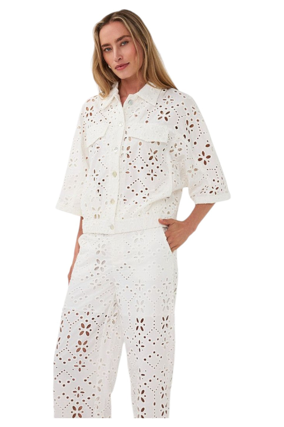 EsQualo JACKET BRODERIE ANGLAISE Off White