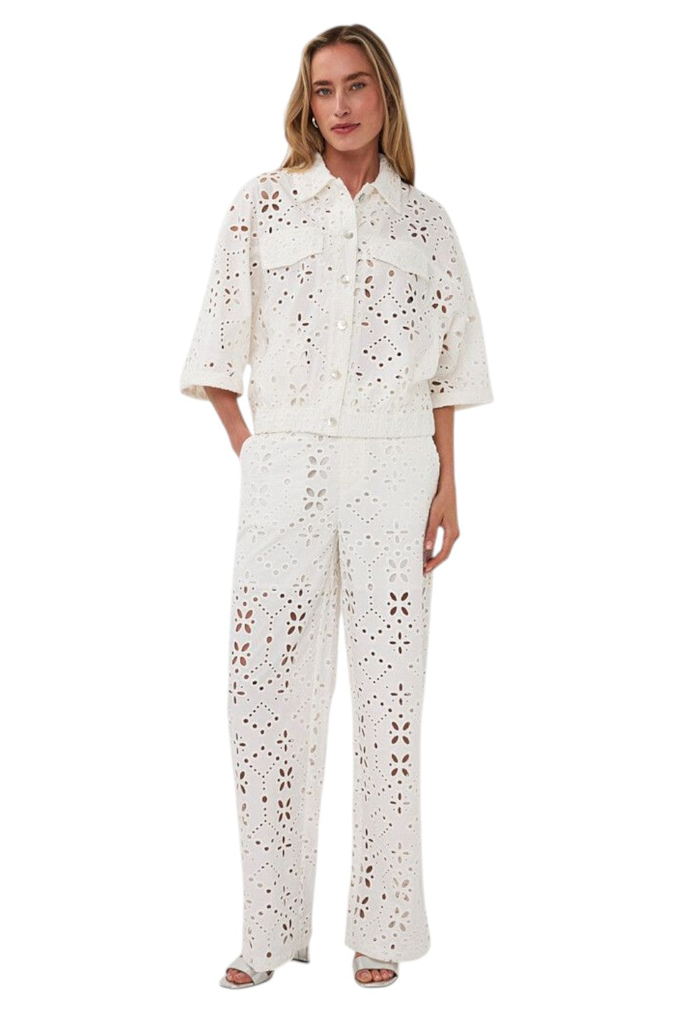 EsQualo JACKET BRODERIE ANGLAISE Off White