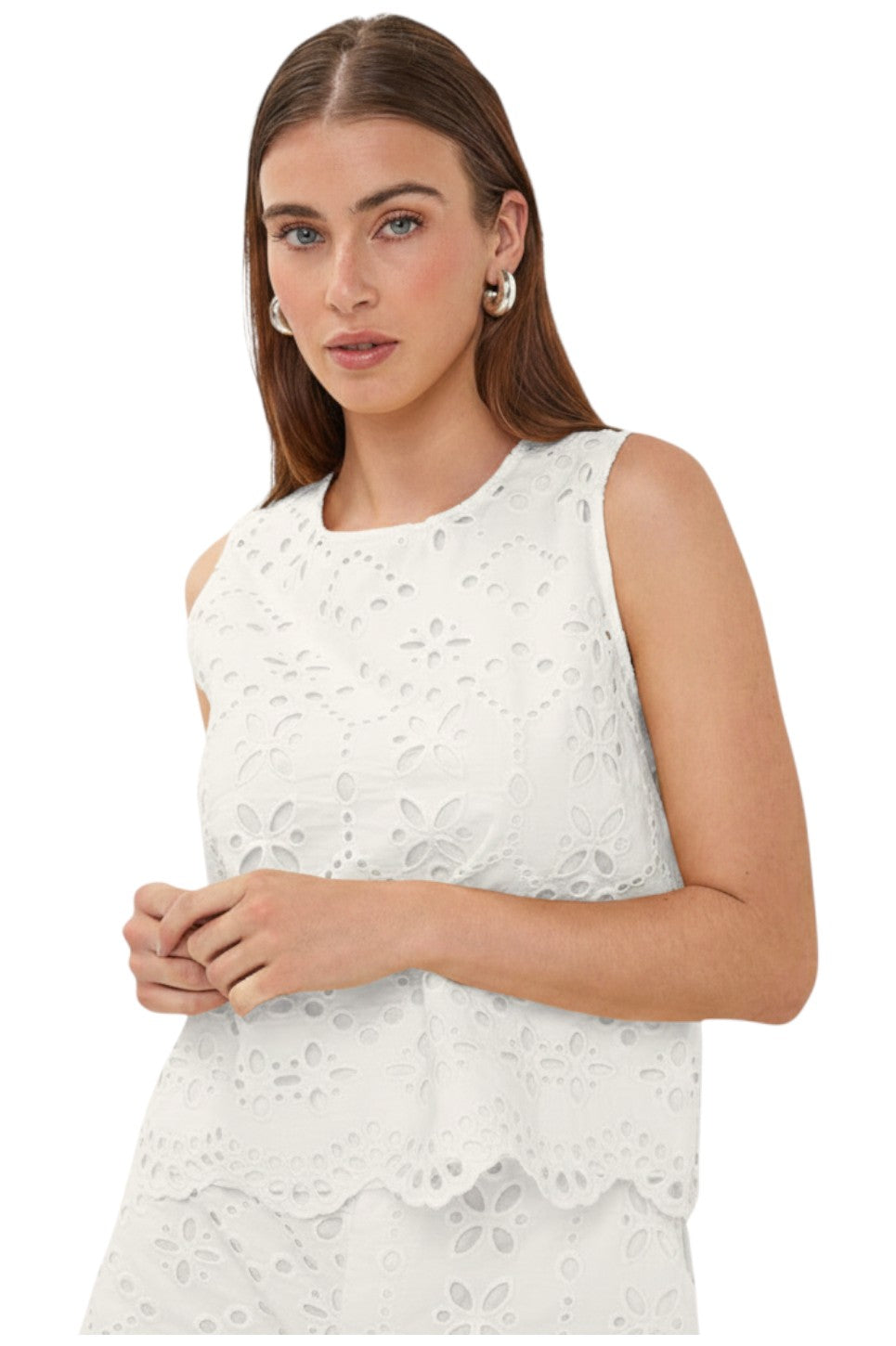 EsQualo TOP BRODERIE ANGLAISE Off White