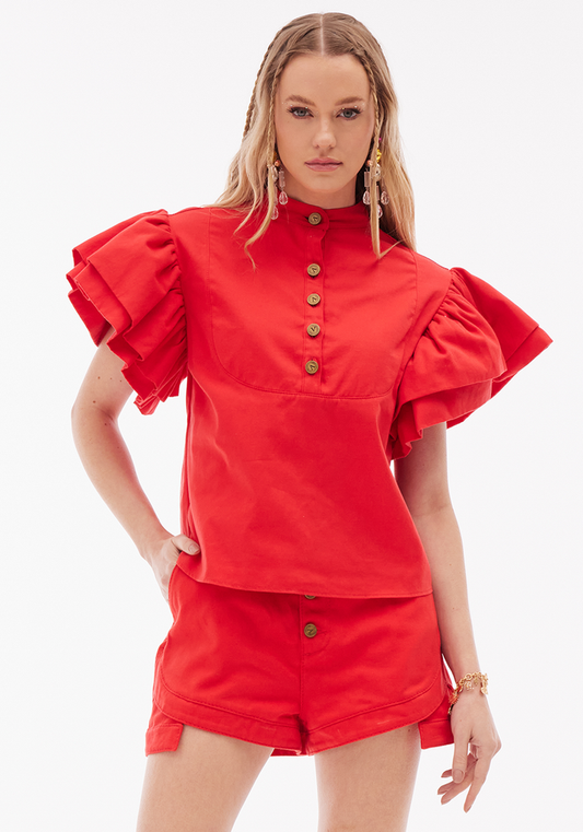 Amar Twill Short Sleeve Blouse in Red Color