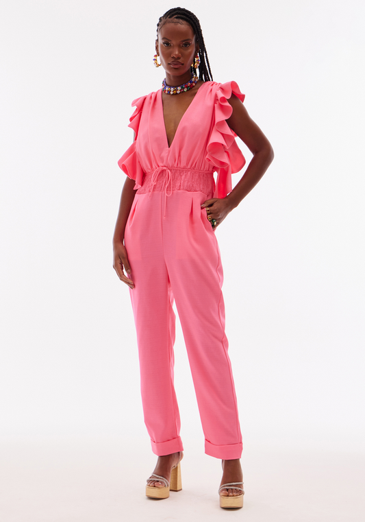 Amar Long Overall with Deep Neckline in Pink Color