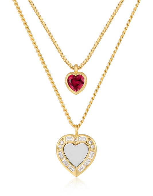 Double Heart Charm Necklace- Gold