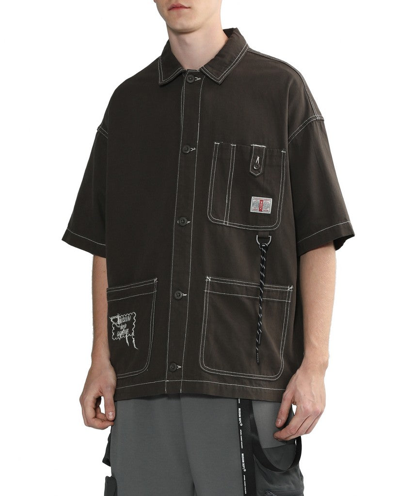 Men's Embroidered Short Sleeve Shirt in Dark Grey