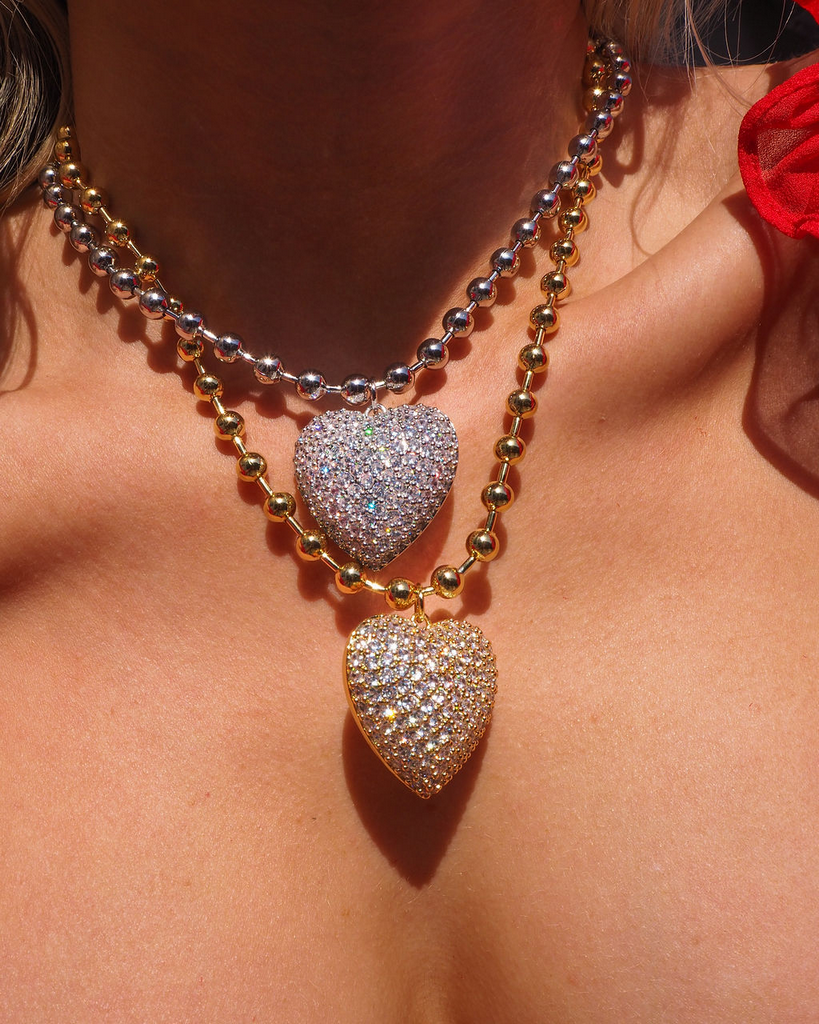 Puffy Heart Statement Necklace- Silver