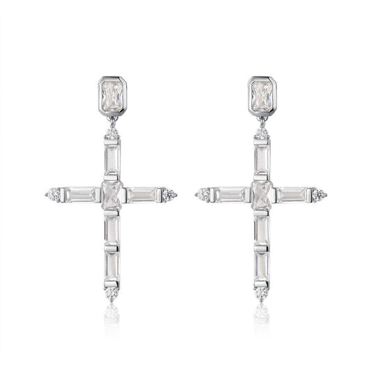 The Baguette Cross Earrings- Silver