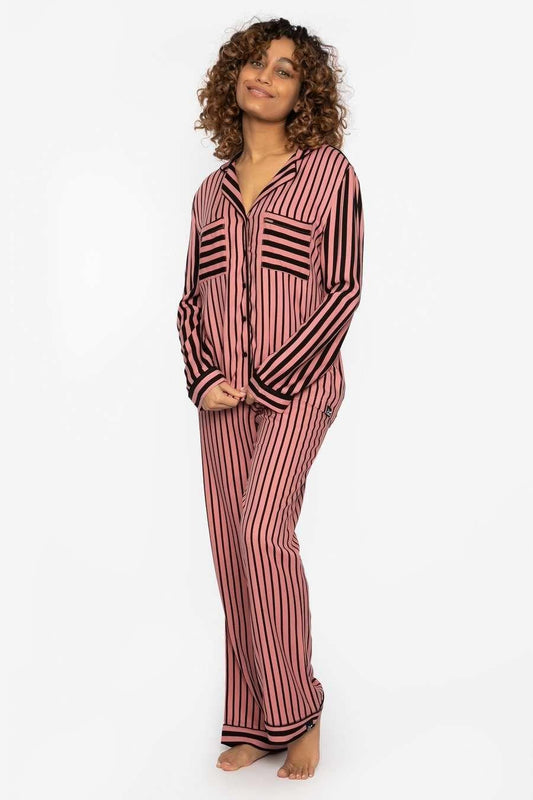 Boyfriend Stripe Pyjama Set in Terracotta/Black